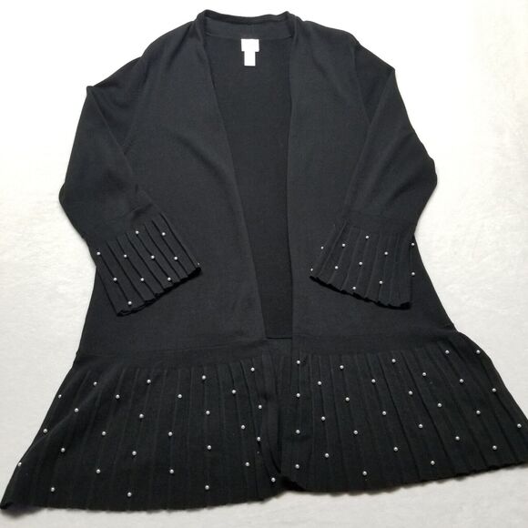 Chicos 3P (XL Petite) Cardigan Sweater Pearl Beaded Pleated Hem Cotton Blend - Picture 1 of 9